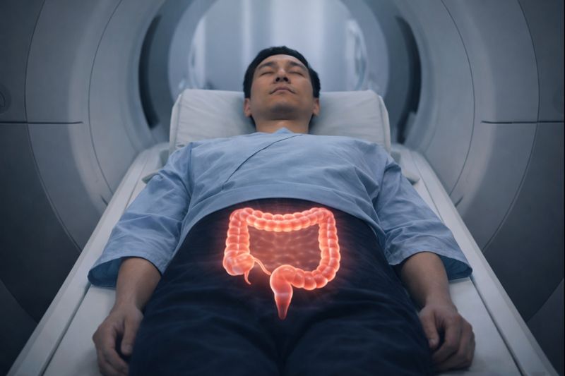 대장암 진단을 위해 MRI 촬영을 준비하며 검사 기계에 누워 있는 남성의 모습과 아랫배 부위에 실루엣으로 표현된 대장 구조