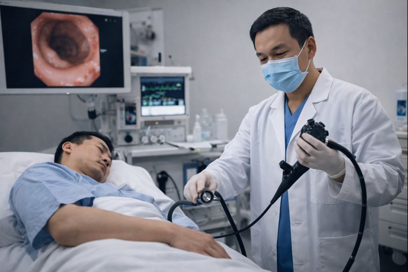 대장암 검사를 위해 대장내시경으로 촬영을 준비하며 검사 기계에 누워 있는 남성과 아랫배에 실루엣으로 표현된 대장 구조