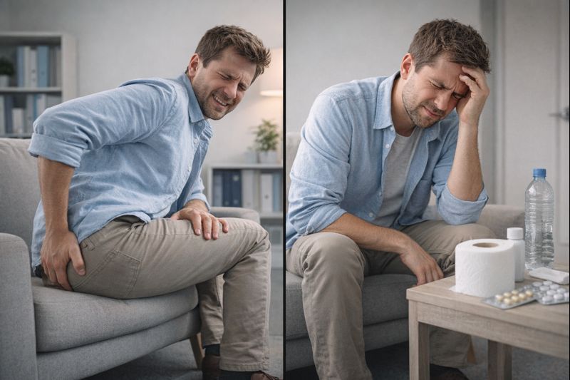 치질로 인해 앉아 있기 불편해하며 항문 통증을 느끼는 남성의 일상적인 모습.