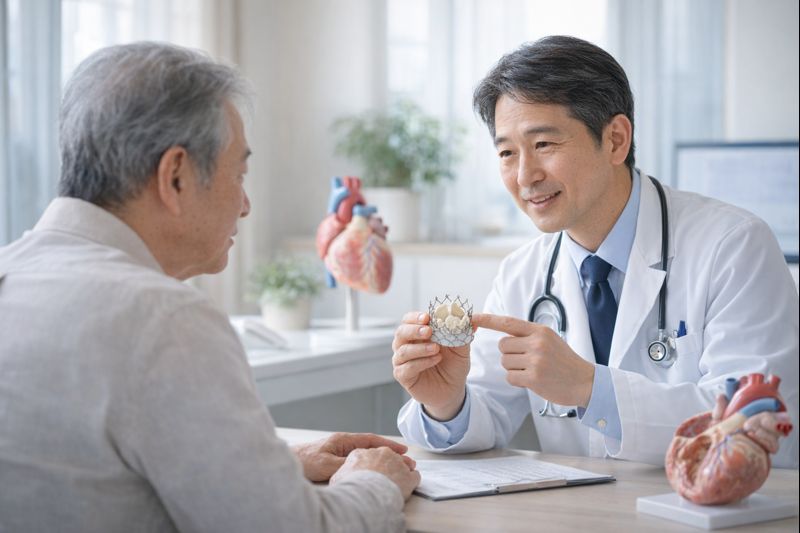 심장판막증 치료를 위해 경피적 대동맥판막 치환술(TAVI)을 받은 뒤 회복 중인 고령 남성 환자의 모습과 심장 기능 개선을 상징적으로 표현한 이미지