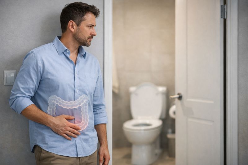 배변 후 항문 출혈을 고민하는 성인의 모습과 장 위치를 은은하게 표현한 이미지.