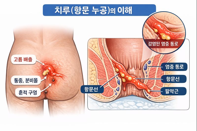 치루를 설명하기 위해 항문 주변 불편 부위와 항문 해부 구조를 함께 표현한 의료 정보 이미지.