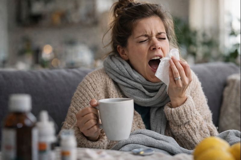 감기로 인해 재채기가 나오는 순간, 휴지로 코와 입을 가린 채 따뜻한 음료를 들고 있는 성인의 실사 모습