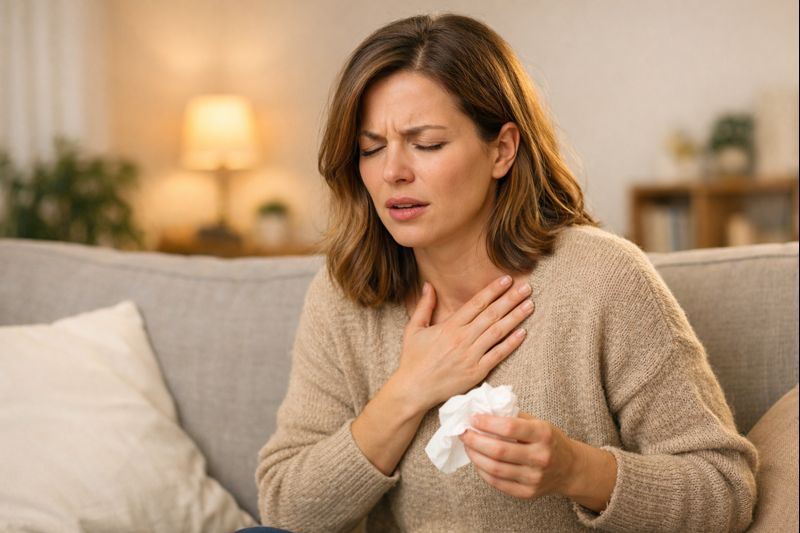 실내에서 성인 여성이 기침으로 가슴이 답답한 듯 한 손으로 가슴을 짚고 휴지를 쥔 모습으로, 기침 증상과 호흡기 불편함을 표현한 실사 이미지