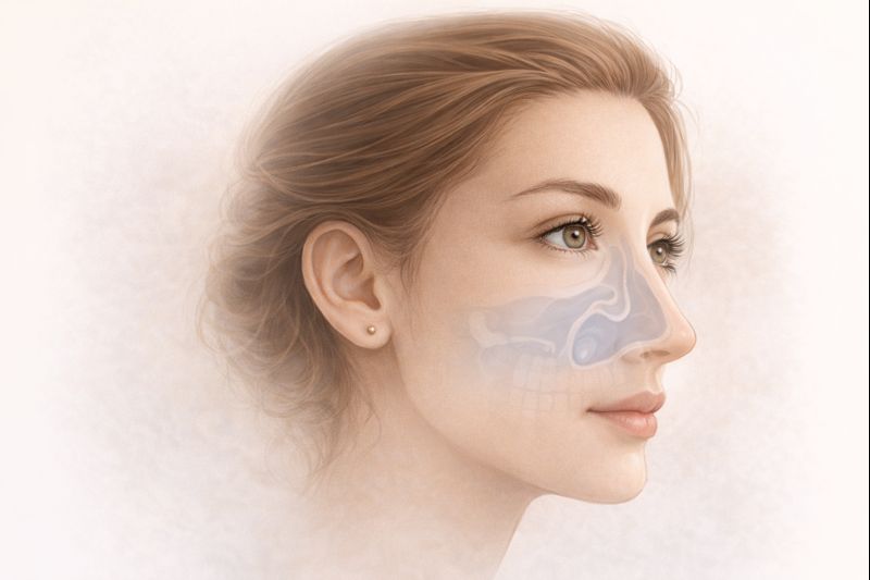 여성의 옆모습 실사 이미지 위에 푸른 색 반투명 실루엣으로 코 내부 비강과 부비동 구조를 부드럽게 표시한 그림. 코막힘과 축농증이 발생하는 위치를 시각적으로 이해할 수 있도록 표현한 의료 일러스트.