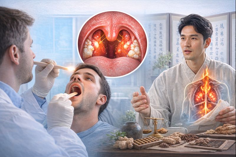 편도선염으로 목 검사를 받는 남성과, 옆에서 현대의학과 한의학 관점의 치료 설명이 함께 이루어지는 장면으로, 편도 부위의 염증을 중심으로 한 호흡기 질환 상태를 보여주는 가로형 실사 이미지