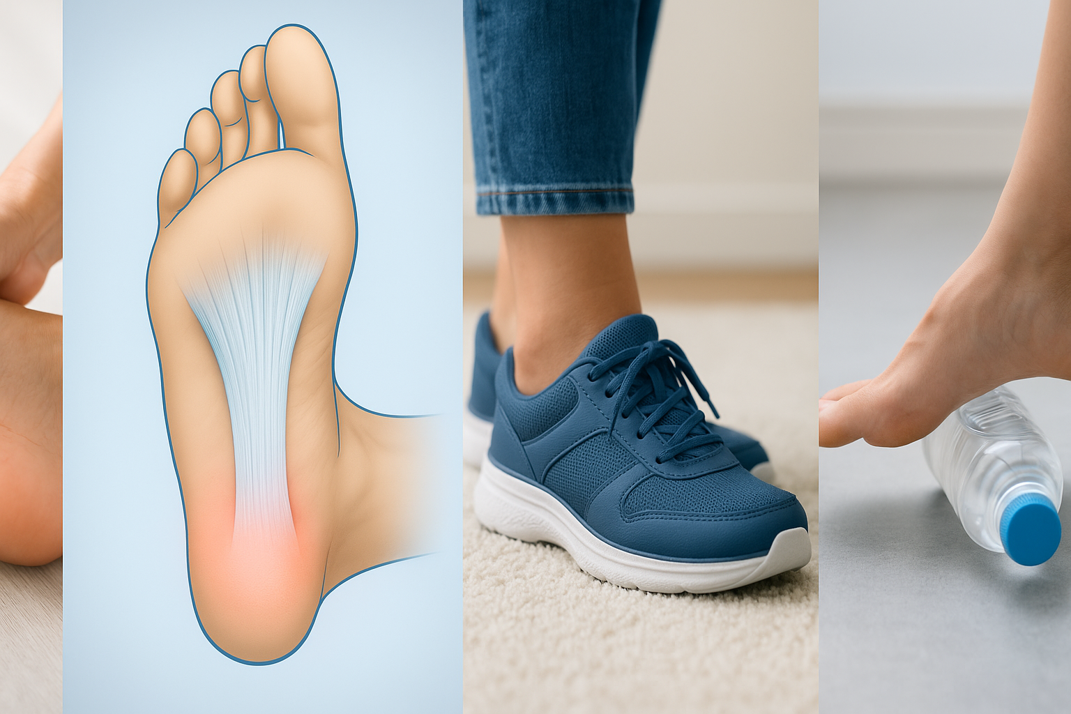 alt="족저근막염으로 뒤꿈치 통증이 발생한 발바닥 이미지" alt="발바닥 족저근막 해부 구조와 발 아치의 위치를 보여주는 의료 그림" alt="족저근막염 완화를 위한 아치 지지 인솔을 착용한 신발" alt="족저근막염 스트레칭을 위해 물병으로 발바닥을 굴리는 장면"