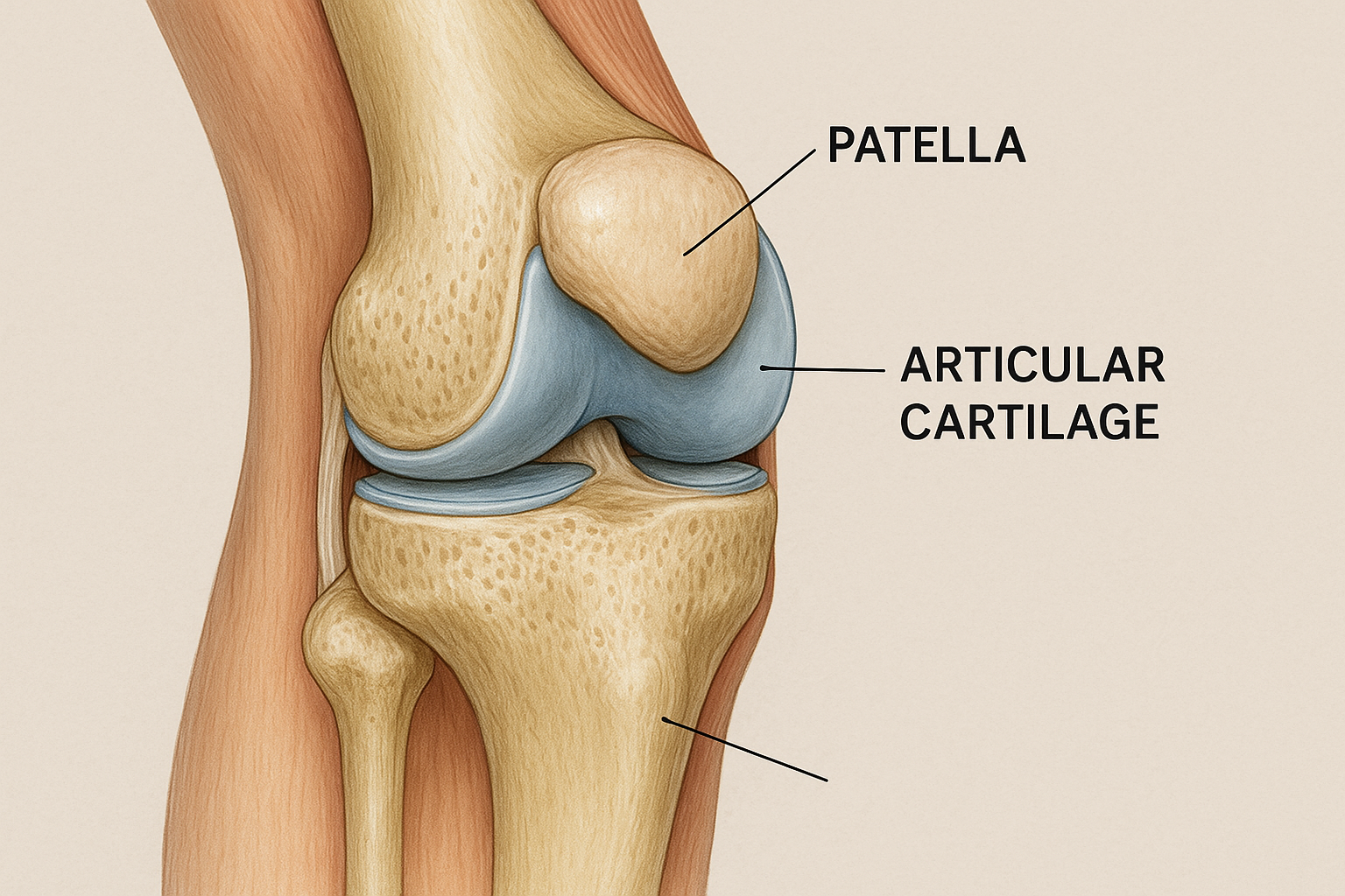 “슬개연골연화증(chondromalacia patellae)를 이해하는데 도움이 되는 무릎 슬개골 연골 구조를 보여주는 의학 해부도. 슬개골과 관절 연골 위치 및 마찰 부위를 정밀하게 설명하는 이미지.”