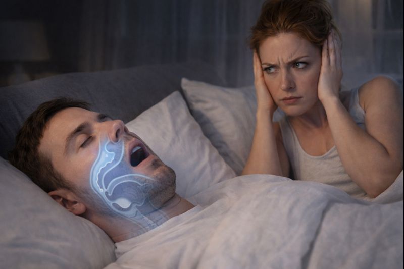 침대에서 입을 벌리고 코골이를 하는 남성과, 옆에서 잠을 이루지 못해 귀를 막고 바라보는 여성의 모습으로 코골이로 인한 수면 방해 상황을 현실적으로 보여주는 실사 이미지