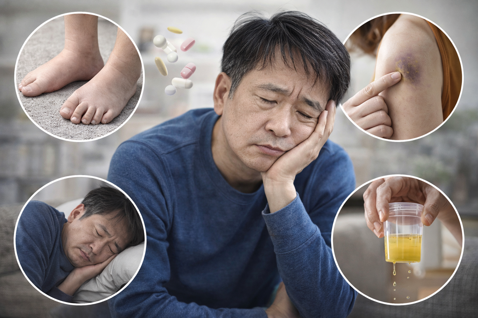 만성 신부전으로 오는 몸의 무기력과 함께 오는 병증들을 나타내는 이미지