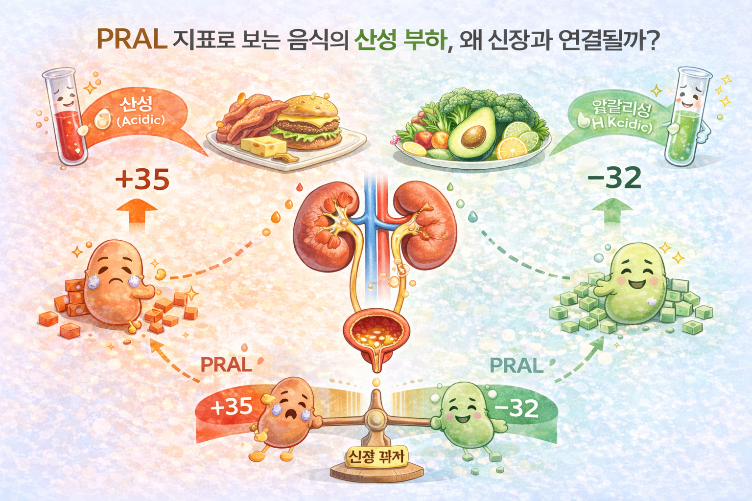 PRAL 지표로 보는 음식의 산성 부하가 신장에 어떤 영향을 나타내는 이미지