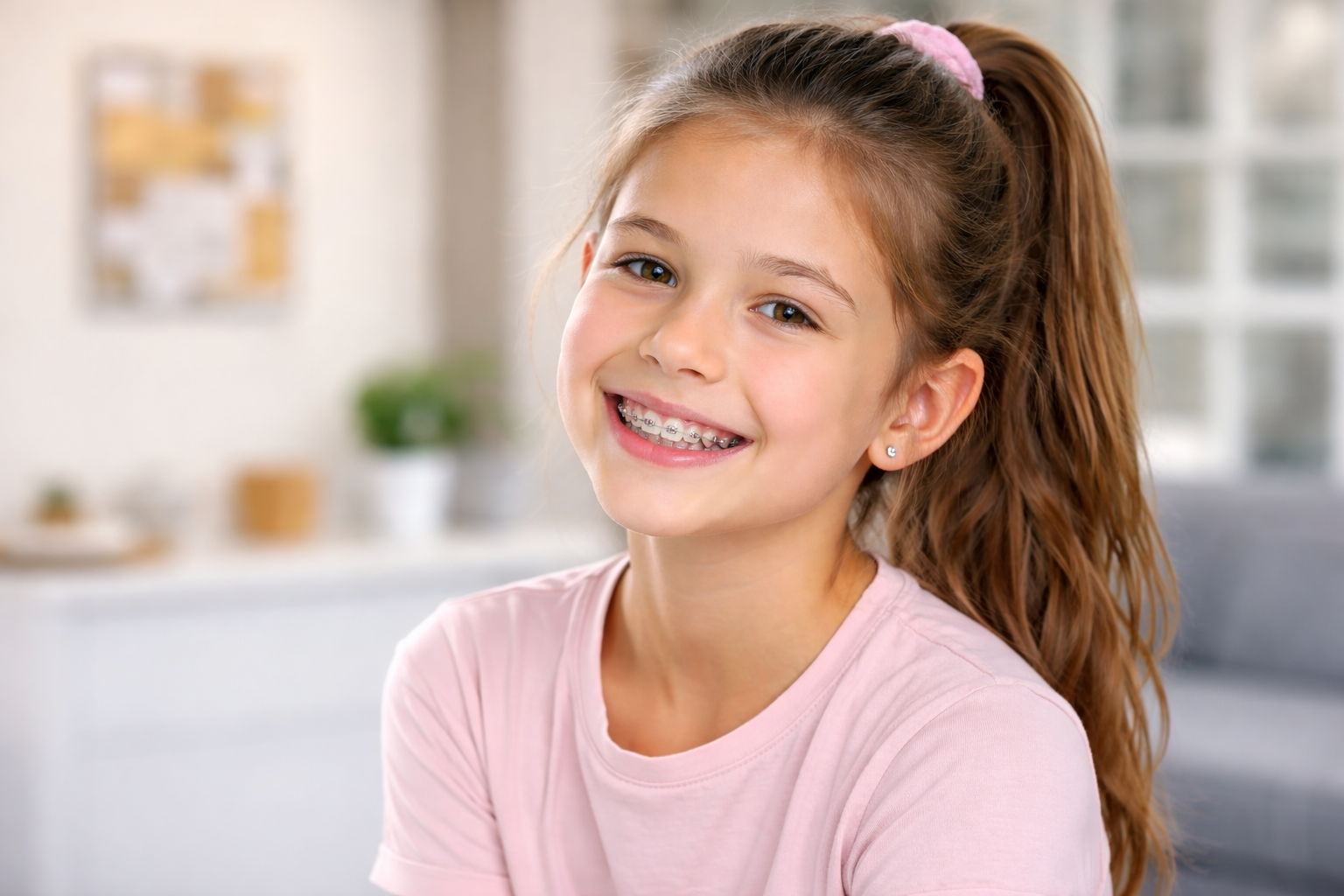 치아교정이 필요해 시술을 받고 밝게 웃고 있는 소녀의 이미지