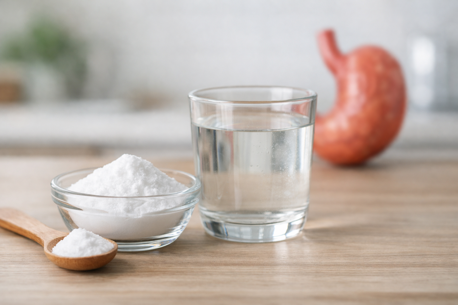 베이킹 소다가 담긴 그릇과 물컵이 주방 테이블 위에 놓여 있어 베이킹 소다와 위장 반응의 관계를 시각적으로 표현한 이미지