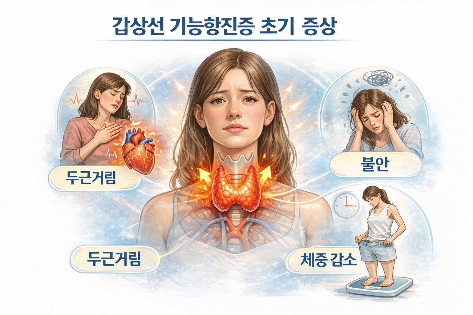 갑상선 기능항진증 초기 증상으로 두근거림과 불안, 체중 감소가 나타나는 과정을 갑상선 위치 중심으로 설명한 의료 일러스트
