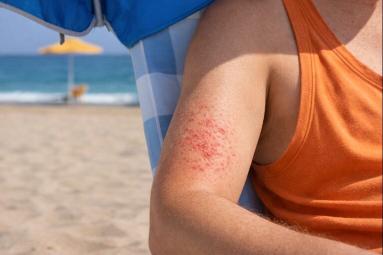 강한 햇빛 아래 해변에서 선탠 중인 성인의 팔에 땀띠(한진)가 발생한 모습으로, 파라솔 그늘 밖으로 노출된 팔 부위에만 붉은 발진이 나타나 있어 햇빛과 땀, 열 노출이 땀띠 발생에 영향을 주는 상황을 보여준다