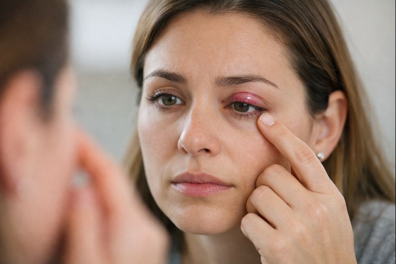 눈꺼풀에 다래끼가 생겨 붓고 통증을 느끼는 여성의 눈 모습