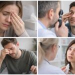 눈 충혈 증상을 호소하는 여성이 의료진에게 상담을 받으며 안약을 처방받는 장면으로, 결막염 치료 상황을 표현한 실사 이미지