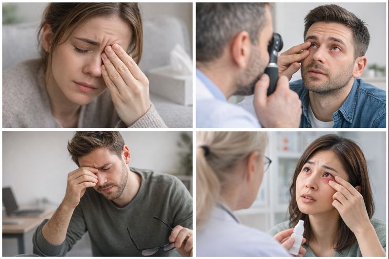 눈 충혈 증상을 호소하는 여성이 의료진에게 상담을 받으며 안약을 처방받는 장면으로, 결막염 치료 상황을 표현한 실사 이미지