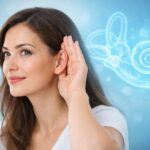 아름다운 여성이 한 손을 귀에 모아 멀리서 들리는 소리를 집중해 듣고 있는 모습으로, 배경에는 엷은 푸른색 실루엣의 내이 달팽이관 구조가 겹쳐 표현되어 난청과 청각 신경 기능 저하를 상징하는 이미지