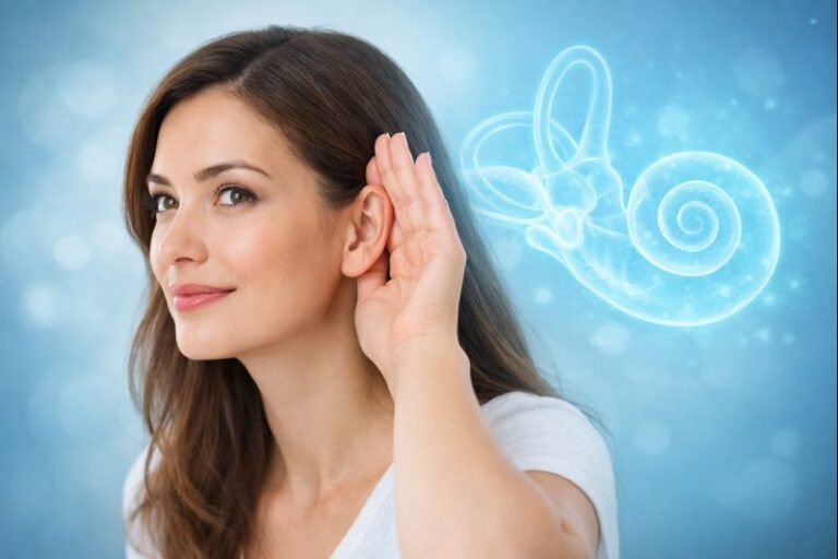 아름다운 여성이 한 손을 귀에 모아 멀리서 들리는 소리를 집중해 듣고 있는 모습으로, 배경에는 엷은 푸른색 실루엣의 내이 달팽이관 구조가 겹쳐 표현되어 난청과 청각 신경 기능 저하를 상징하는 이미지