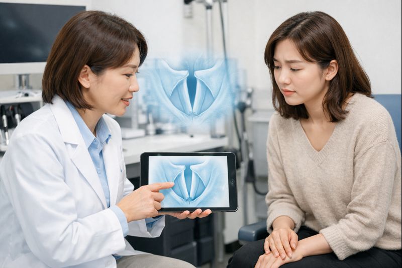 성대 결절 초기 증상으로 이비인후과를 찾은 여성이 의사로부터 후두 내시경 검사 결과와 성대 구조에 대한 설명을 듣는 장면