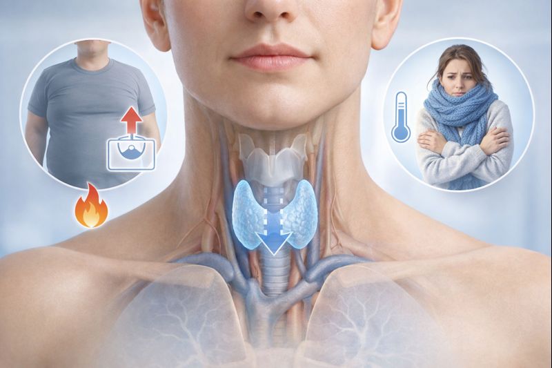 갑상선 기능저하증 초기 증상으로 체중 증가와 추위 민감성이 나타나는 과정을 보여주는 갑상선 위치 중심의 의료 이미지