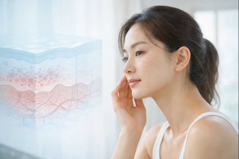 거울 앞에서 자신의 기미와 주근깨를 살펴보는 여성과 피부 구조를 표현한 이미지