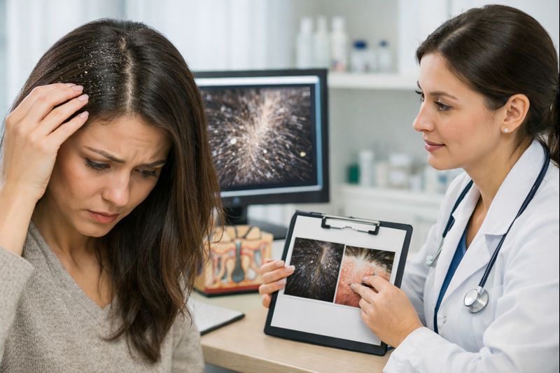 두피에 비듬이 보여 고민하는 여성이 피부과 진료실에서 전문의에게 두피 상태에 대한 설명을 듣고 있는 모습