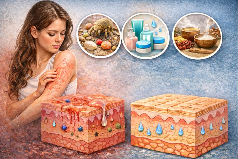 아토피 피부염으로 팔 부위에 가려움과 피부 변화를 느끼는 성인 여성이 피부 상태를 살펴보는 모습과, 자극 요인과 관리 요소를 대비해 보여주는 피부 구조 이미지