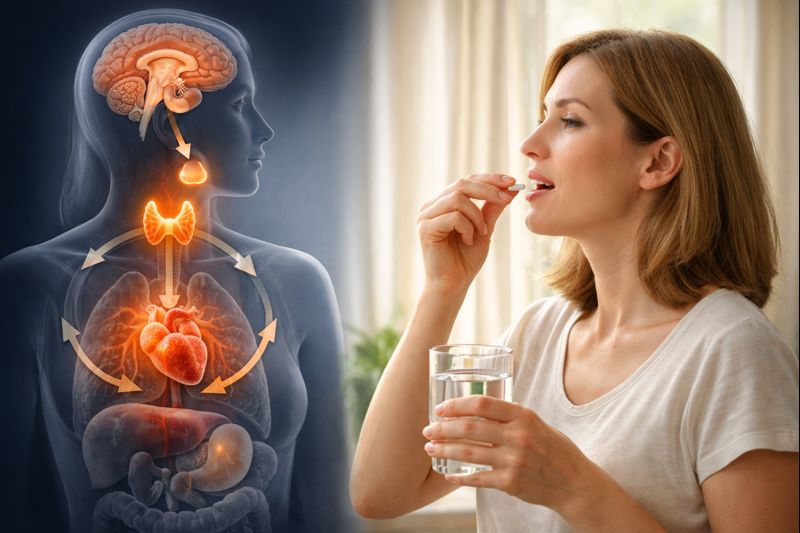 갑상선 호르몬 조절과 약 복용이 전신 대사에 영향을 미치는 과정을 보여주는 이미지