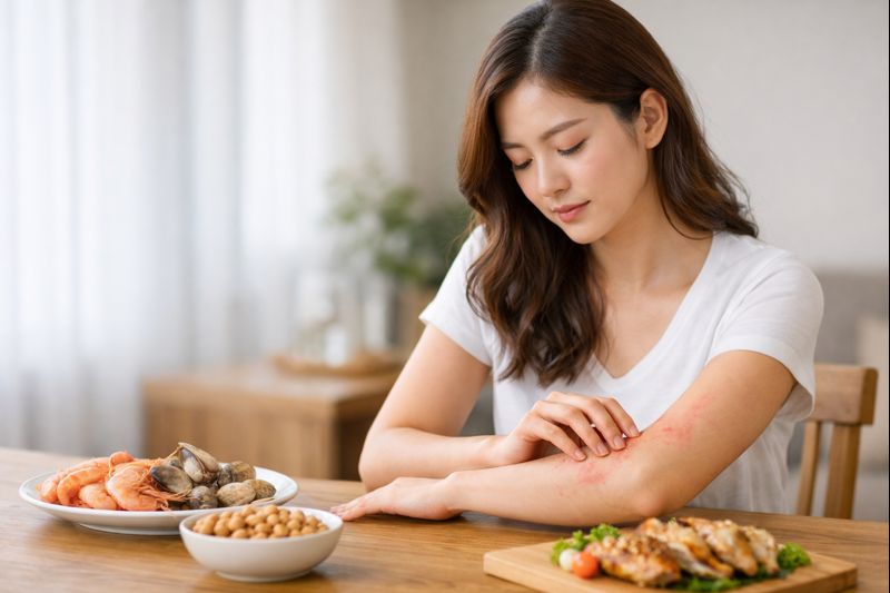 식탁 앞에 앉은 성인 여성이 음식을 앞에 두고 팔에 나타난 가벼운 두드러기 피부 발진을 살펴보는 모습으로, 음식 섭취 후 발생하는 식품 알레르기 피부 가려움 상황을 자연스럽게 표현한 이미지