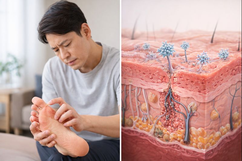 발바닥에 나타난 무좀 증상을 살펴보는 성인 남성과 함께, 곰팡이균이 피부 각질층에 침투해 증상을 일으키는 과정을 단순화해 표현한 피부 단면 일러스트 이미지