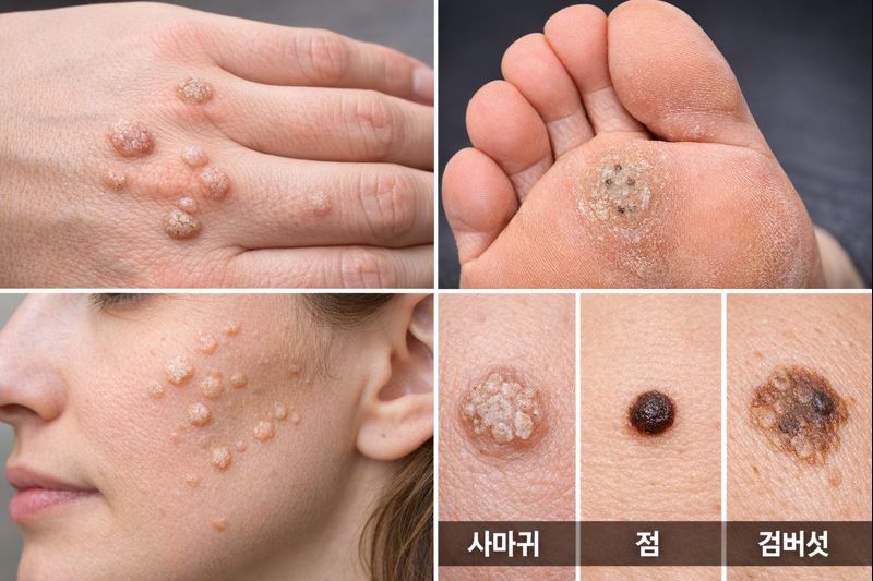사마귀 피부병의 전형적인 외형을 보여주는 실사 이미지로, 손과 발, 얼굴에 발생한 사마귀 병변과 표면이 거칠게 증식한 바이러스성 피부 변화가 관찰된다.