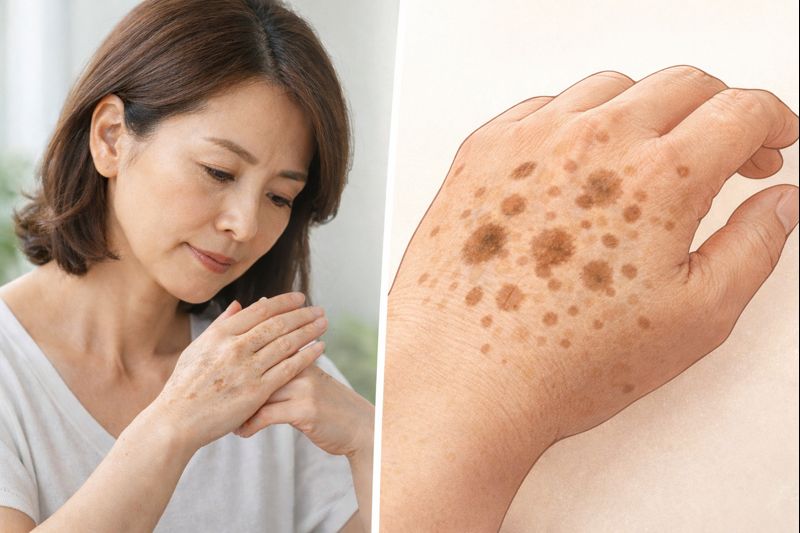 손등에 나타난 검버섯을 관찰하는 중년 여성과 함께, 검버섯 색소 침착이 분포된 손등 피부를 확대 일러스트로 표현한 이미지