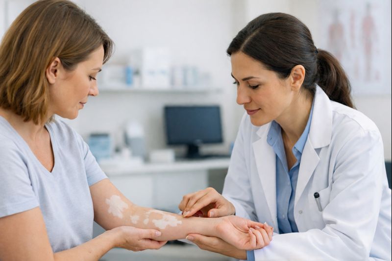 팔에 생긴 백반증으로 병원에서 의사와 치료에 대해 상담하는 여성